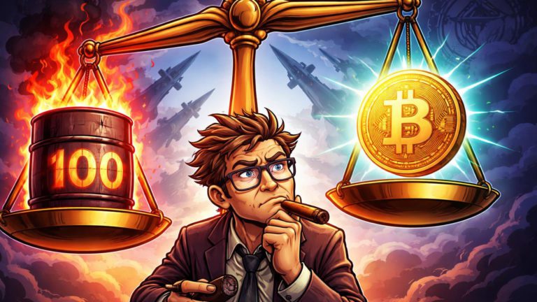 Analista cartoon cético equilibrando barril de petróleo '100' flamejante e Bitcoin dourado em balança, simbolizando riscos macro da guerra no Irã para cripto