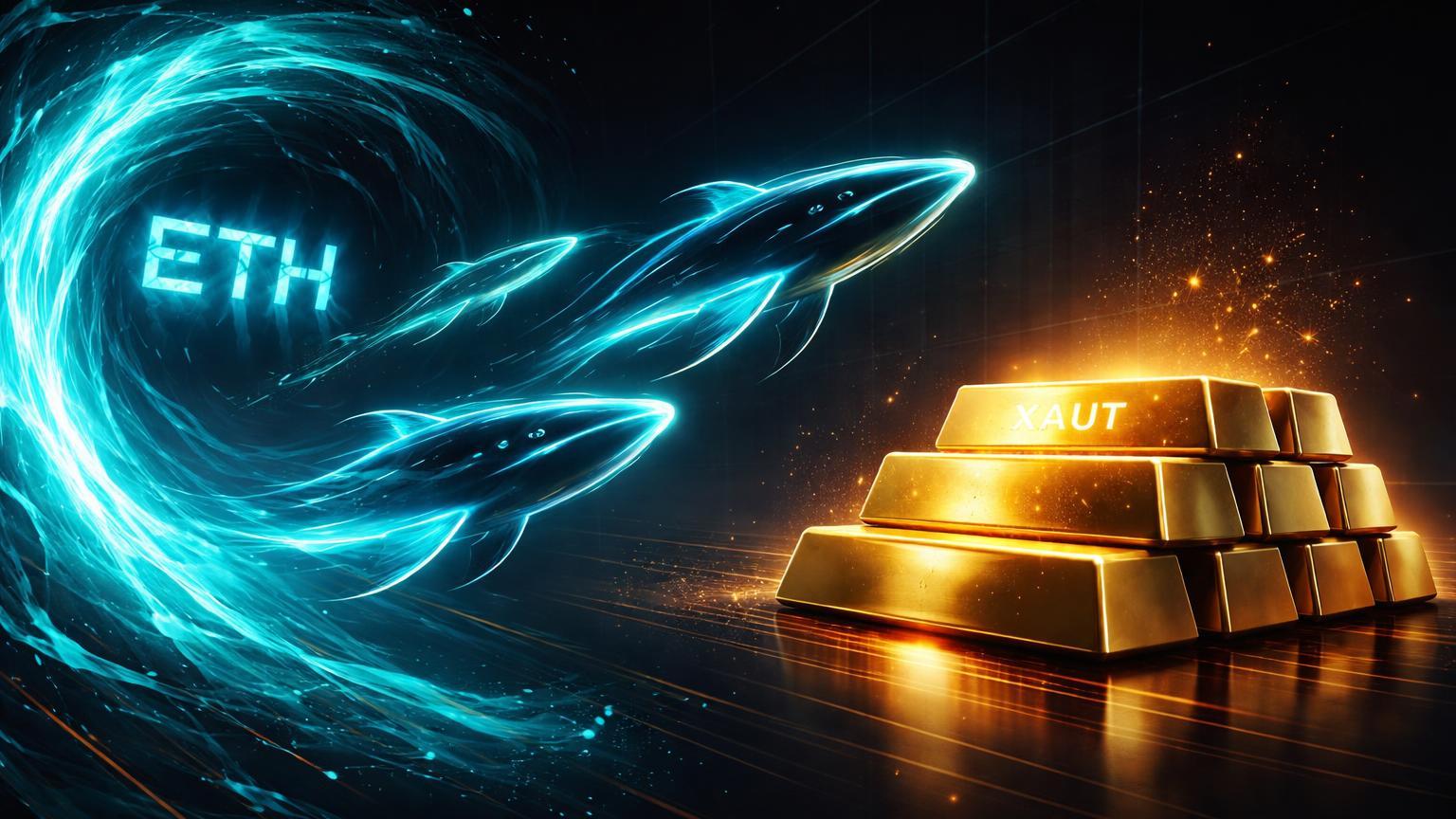 Silhuetas de baleias cyberpunk migrando de vórtice cyan ETH para pilha de ouro dourado, sinalizando saída de baleias por ativos seguros