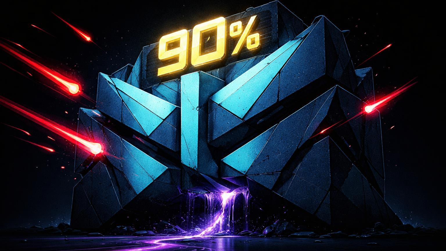 Barreira brutalista cyan repelindo ataques vermelhos com '90%' marcado, mas brecha roxa drenando energia, simbolizando queda de hacks e risco de phishing