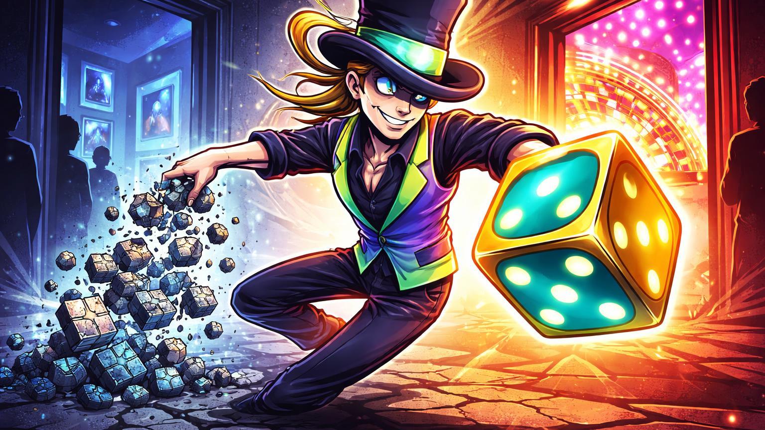 Personagem cartoon pivotando de pilha de NFTs fragmentados para dado neon rolante, simbolizando shift da Magic Eden para apostas com Dicey