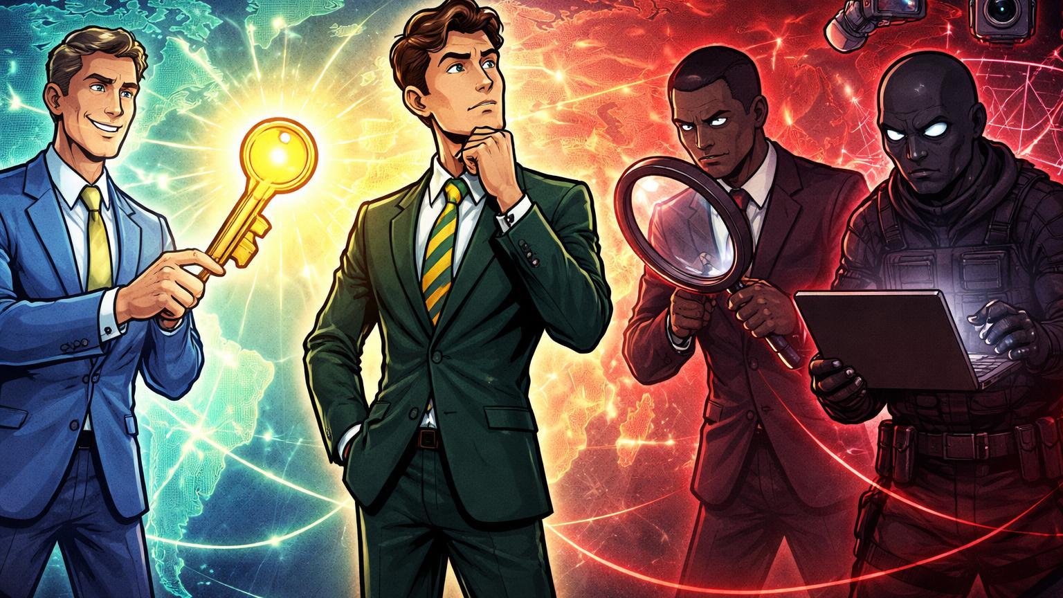 Investidor brasileiro cartoon entre figura EUA oferecendo chave dourada e olhares vigilantes da África e Coreia, contrastando regulações globais 2026
