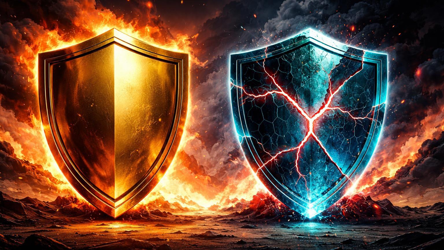 Escudo dourado intacto ao lado de escudo digital cyan rachado sob chamas de conflito, simbolizando ouro superando Bitcoin como porto-seguro