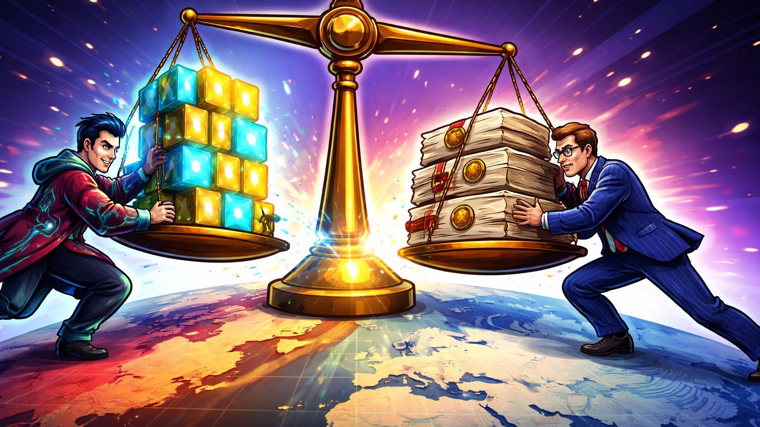 Personagens cartoon de Ásia e EUA empurrando balança digital com blocos blockchain e leis, simbolizando disputa geopolítica por tokenização