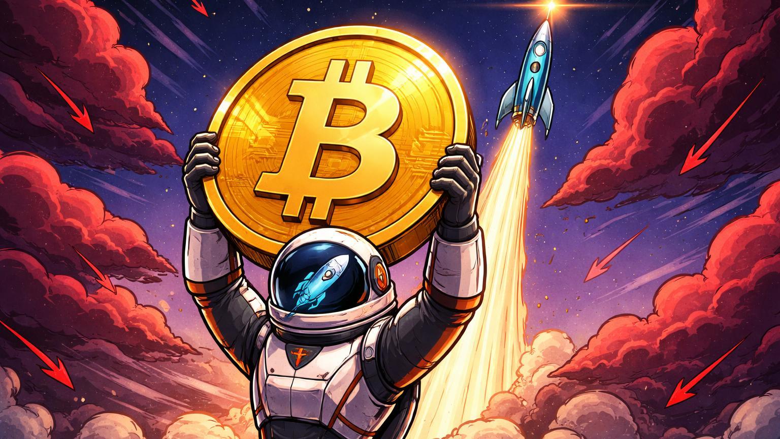 Engenheiro SpaceX cartoon segurando firmemente moeda Bitcoin apesar de nuvens de perda, com foguete IPO decolando, sinalizando confiança para adoção institucional