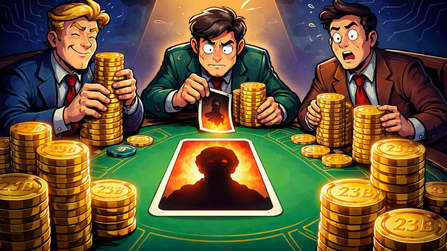 Traders cartoon em mesa de apostas high-stakes com fichas '23B' e silhueta sombria, simbolizando volume recorde polêmico do Polymarket em crise no Irã