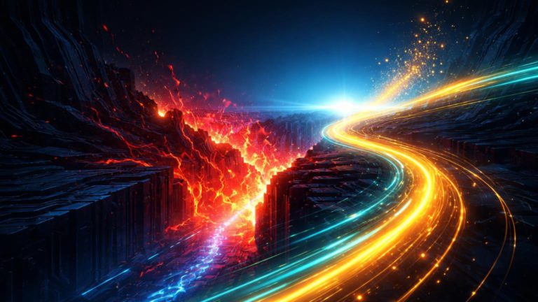 Estreito digital bloqueado por barreira vermelha flamejante com fluxo dourado de Bitcoin contornando, simbolizando conflito no Hormuz e refúgio cripto no Irã