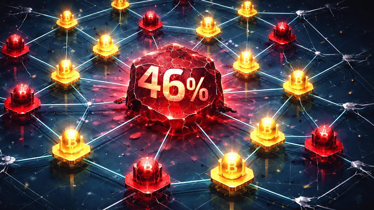 Rede isométrica de nodos Bitcoin com 46% em vermelho contraído, ilustrando holders em prejuízo e redução de alavancagem on-chain