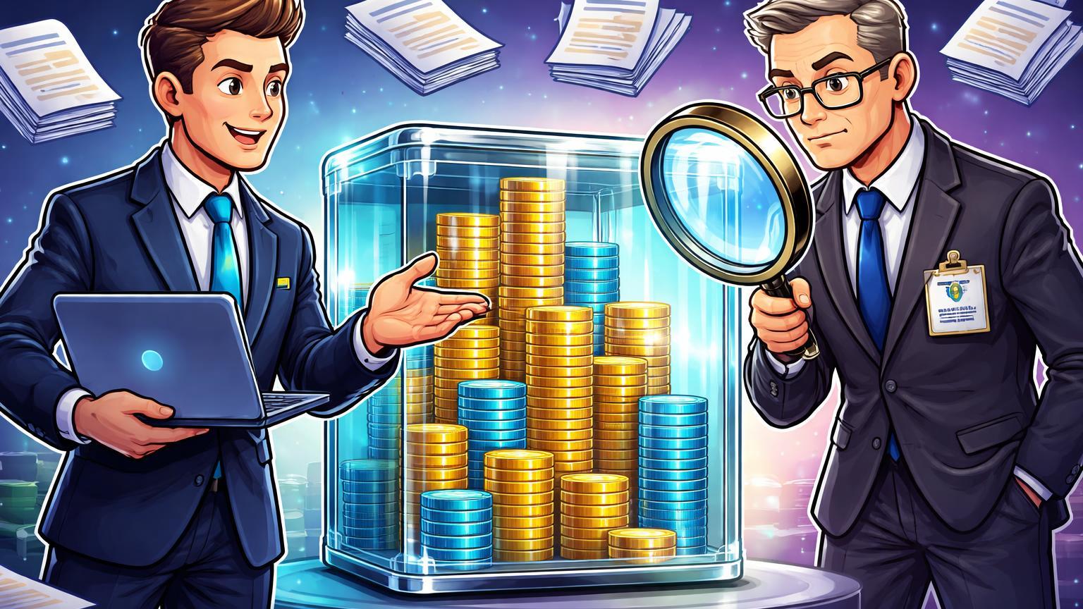 Personagens cartoon de corretora apresentando cofre transparente de reservas a inspetor do Banco Central, simbolizando nova exigência regulatória