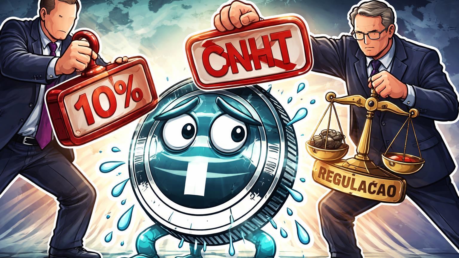Burocratas cartoon carimbando stablecoin com 10% de imposto e proibição CNHT, ilustrando regulações restritivas da Turquia e China
