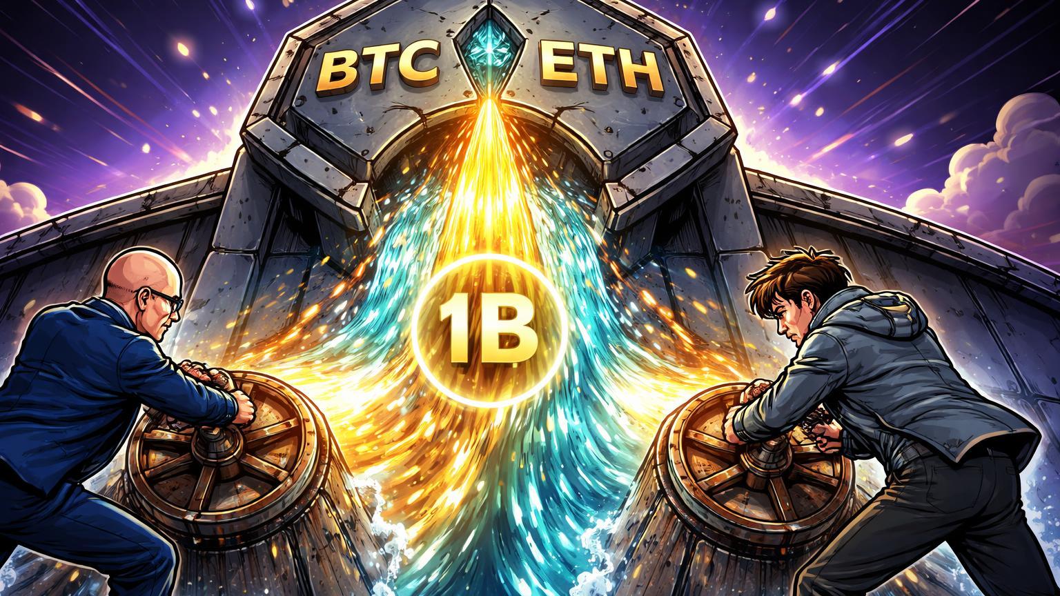 Executivos cartoon girando válvulas para jorrar fluxo dourado e cyan em cofre BTC/ETH com 1B, simbolizando reversão de US$ 1 bi em ETFs