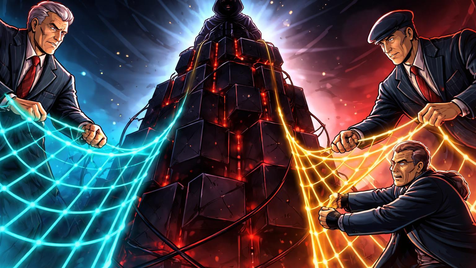 Reguladores cartoon dos EUA e França cercando torre dark com redes, simbolizando pressão contra lavagem de dinheiro em cripto