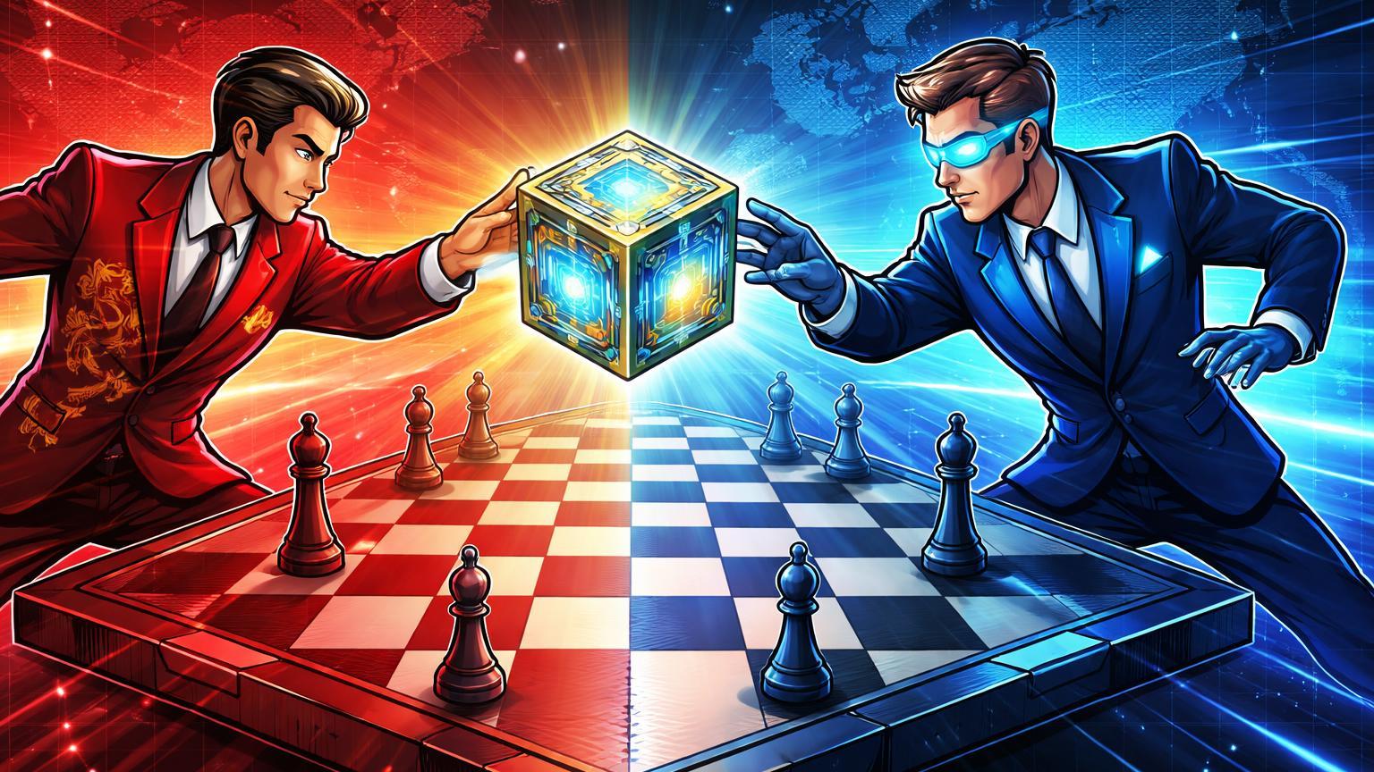 Figuras cartoon estilizadas de China e EUA disputando cubo blockchain em tabuleiro de xadrez digital, simbolizando guerra fria em blockchain