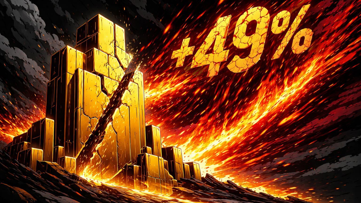 Fortaleza dourada de mineração rachando sob ondas vermelhas de energia com '+49%' estilizado, alertando riscos geopolíticos ao Bitcoin