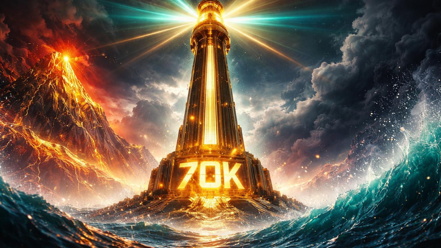 Farol dourado Bitcoin com 70K gravado resistindo tempestade geopolítica vermelha enquanto ouro derrete, simbolizando refúgio e migração de capital