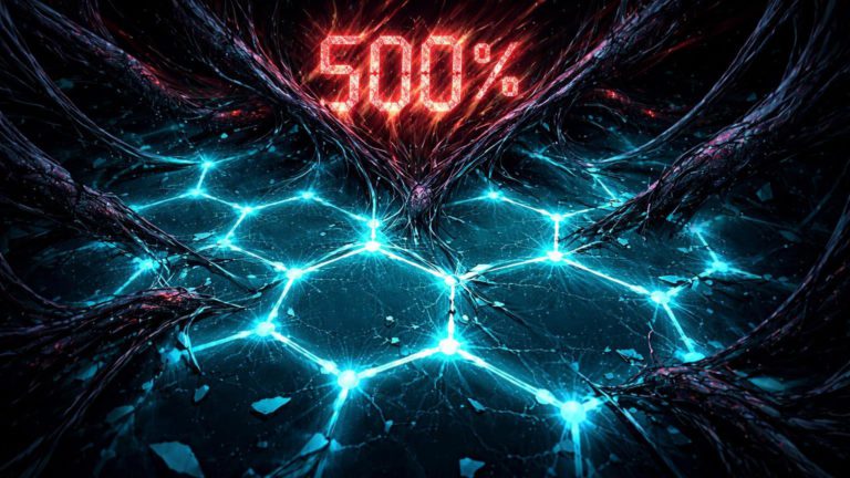 Teia negra de IA sufocando rede hexagonal cyan com glifo 500% pulsante, representando explosão de fraudes cripto em 2025