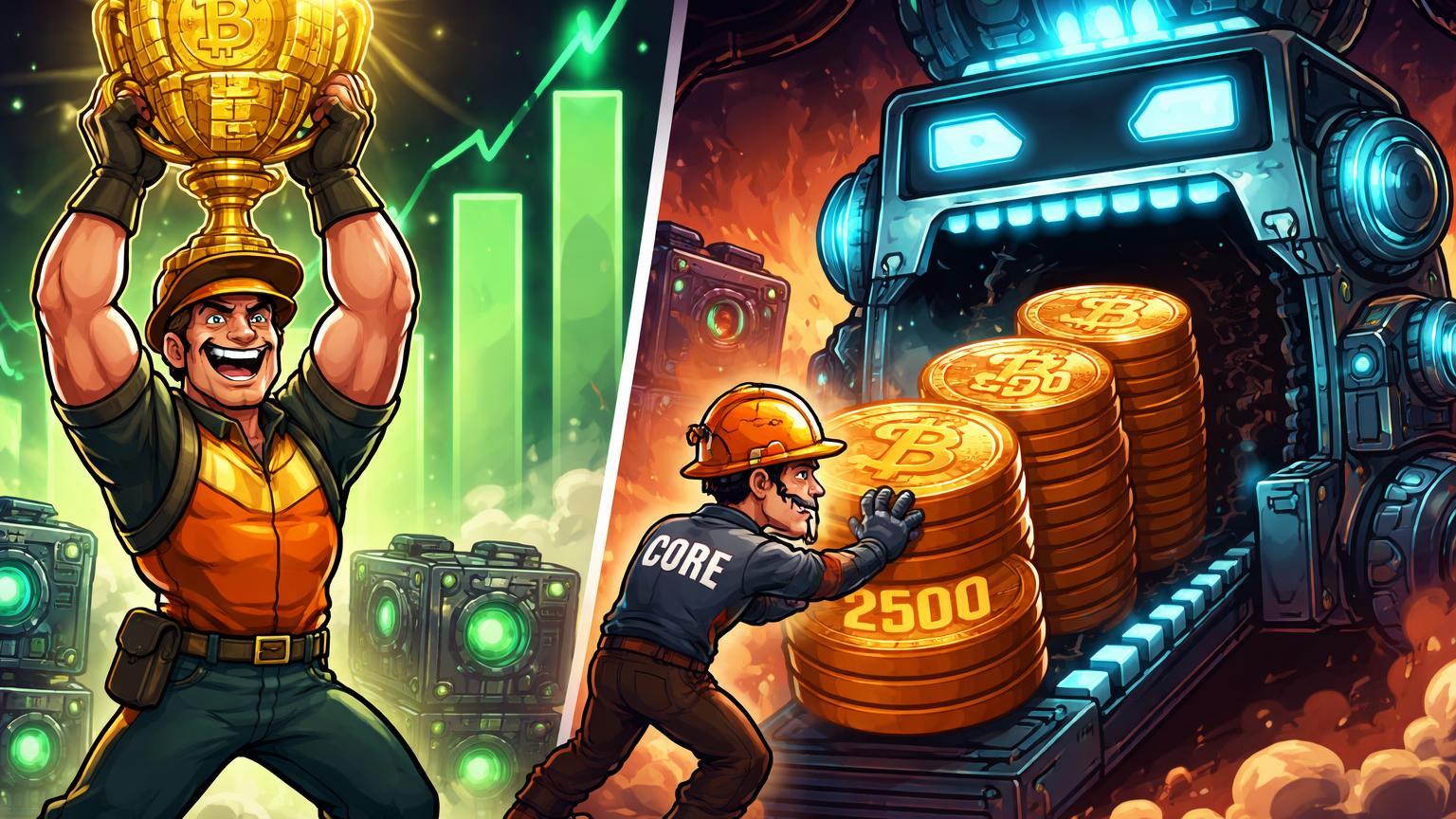 Mineiros cartoon: Riot celebrando troféu de recorde BTC e Core entregando 2500 BTC para máquina IA, ilustrando contraste em resultados Q4 de mineradoras