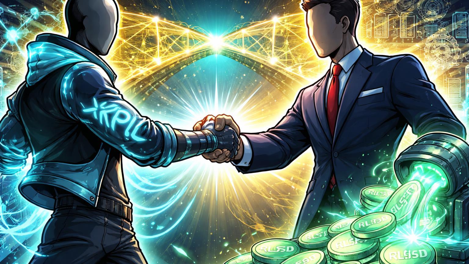 Personagens cartoon de Ripple e DTCC apertando mãos sobre ponte digital XRPL, com fonte mintando RLUSD, simbolizando integração institucional
