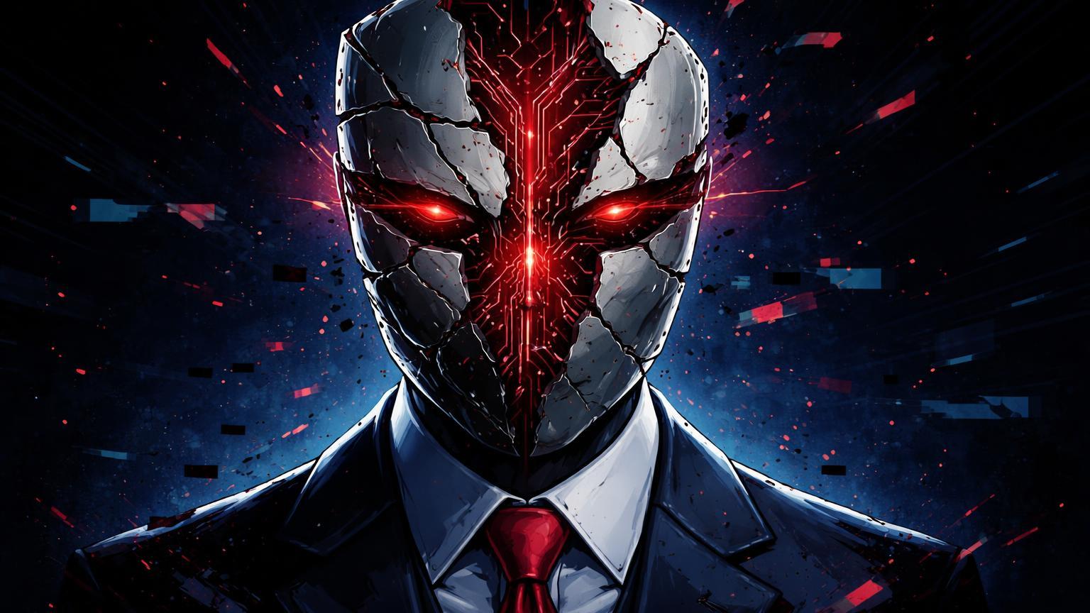 Máscara executiva corporativa rachando para revelar rede neural hacker vermelha, alertando sobre scams ClickFix fingindo VCs