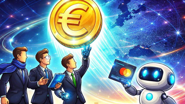 Executivos cartoon europeus lançando stablecoin EUR luminosa com assistente IA em pagamento, simbolizando adoção institucional acelerada na Europa