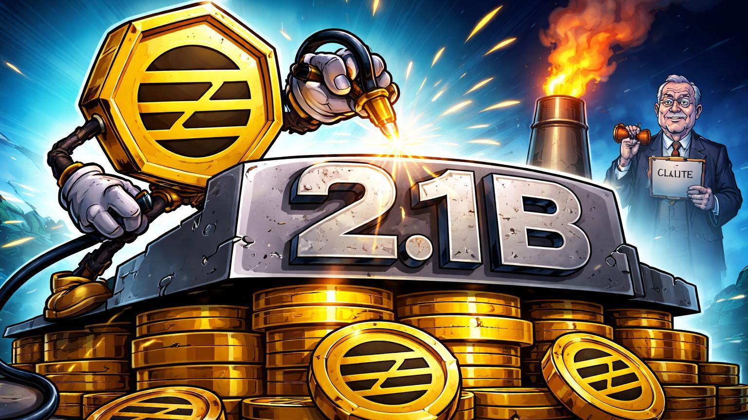 Personagem Aptos cartoon soldando teto com 2.1B sobre pilha de tokens e queima de taxas, com regulador CLARITY ao fundo, simbolizando tokenomics deflacionárias