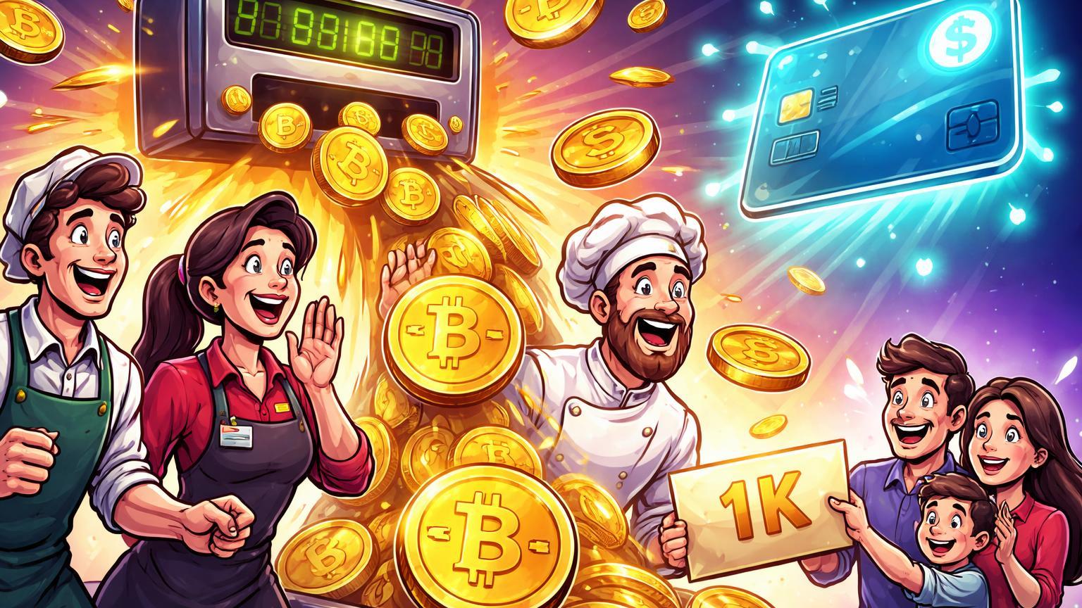 Funcionários cartoon de lanchonete recebendo bônus em Bitcoin de relógio gigante e cartão stablecoin, celebrando adoção em salários