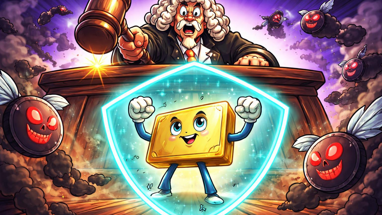 Juiz cartoon batendo martelo a favor de personagem Uniswap com escudo cyan protetor, scams fugindo, celebrando vitória judicial em DeFi