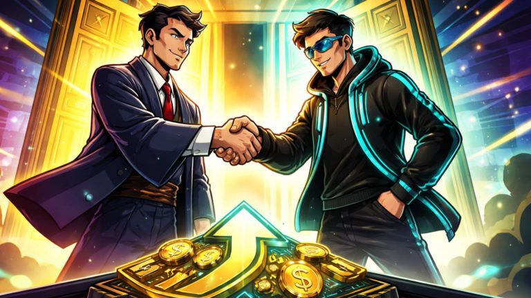 Personagens cartoon de PayPay e Binance em handshake triunfante sobre palco Nasdaq, simbolizando IPO de US$13,4 bi e fusão tradicional-cripto