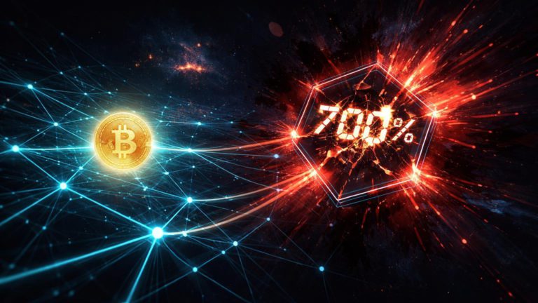 Nó de rede digital rachado emitindo fluxos vermelhos com '700%', contrastando com núcleo Bitcoin dourado intacto, simbolizando resiliência cripto no Irã em meio a ataques