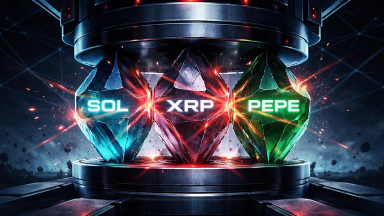 Prensa cibernética comprimindo cristais SOL, XRP e PEPE com rachaduras vermelhas, simbolizando alerta de long squeeze e liquidações em cripto