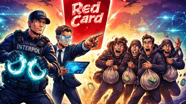 Agentes cartoon de INTERPOL e Binance algemando fraudadores com cartão Red Card, simbolizando operação anti-fraude na África