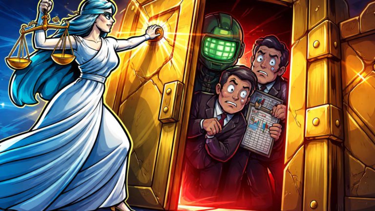 Figura Etica cartoon batendo à porta de fortaleza cripto com executivos nervosos dentro, simbolizando boicote à IA e riscos em prediction markets