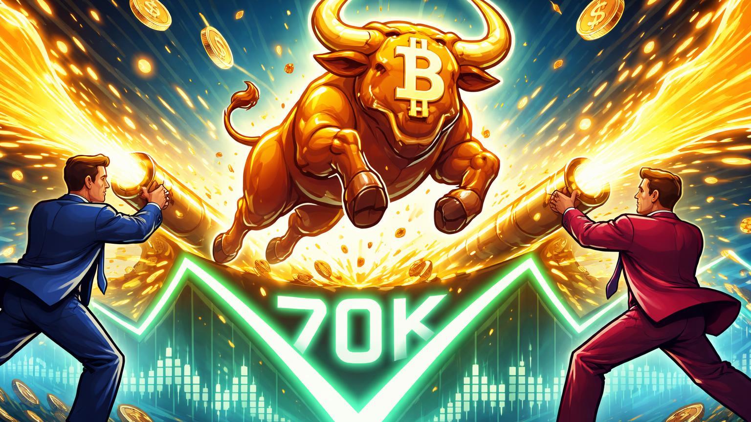Executivos cartoon institucionais direcionando fluxo dourado para Bitcoin saltando marca 70K em V, simbolizando influxo recorde de ETFs