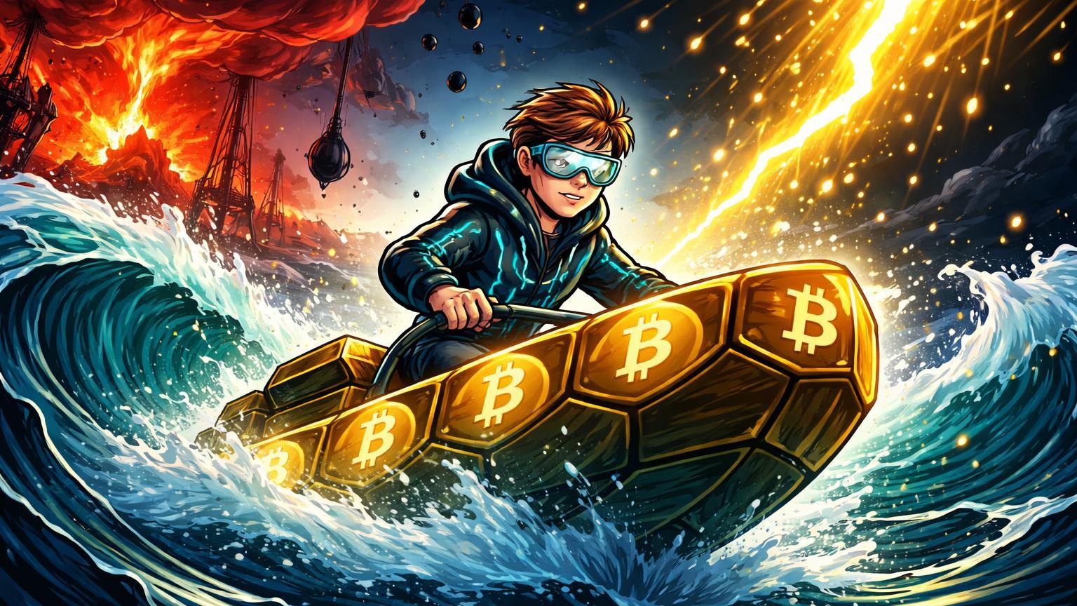Trader cartoon em barco BTC enfrentando tempestade de petróleo geopolítica, protegido por raio dourado de ETF BlackRock, simbolizando volatilidade e influxo recorde