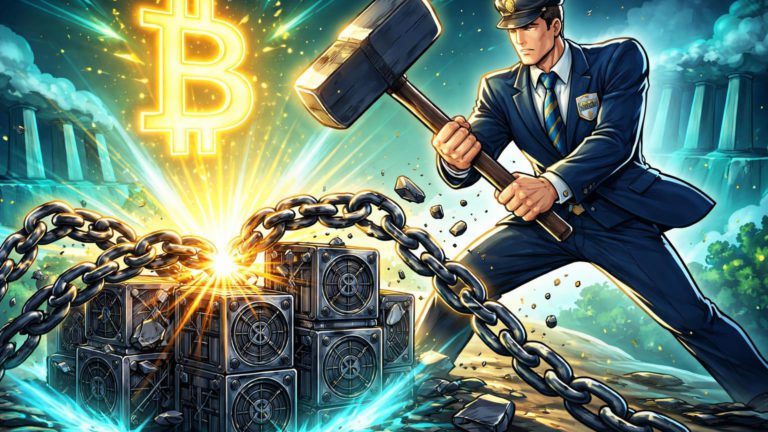 Agente estatal cartoon quebrando correntes de rigs de mineração apreendidos, liberando símbolo BTC luminoso sobre turbinas hidrelétricas, simbolizando mineração oficial no Paraguai
