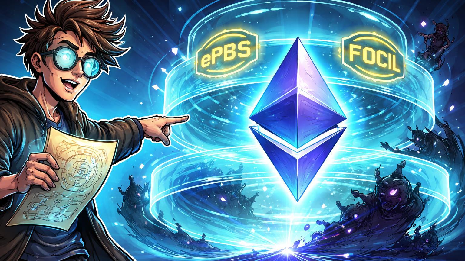 Personagem cartoon tech tecendo camadas criptografadas ePBS e FOCIL ao redor de prisma Ethereum, protegendo contra MEV e centralização