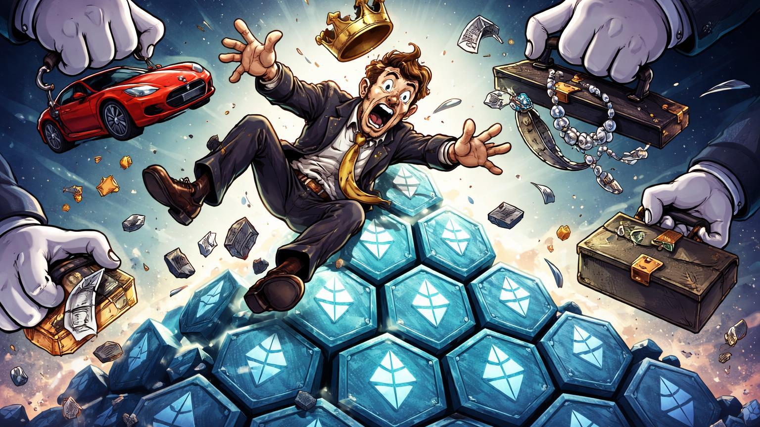 Trader cartoon caindo de pirâmide ETH instável com mãos confiscando bens de luxo, satirizando perdas em esquema Ponzi no Ethereum