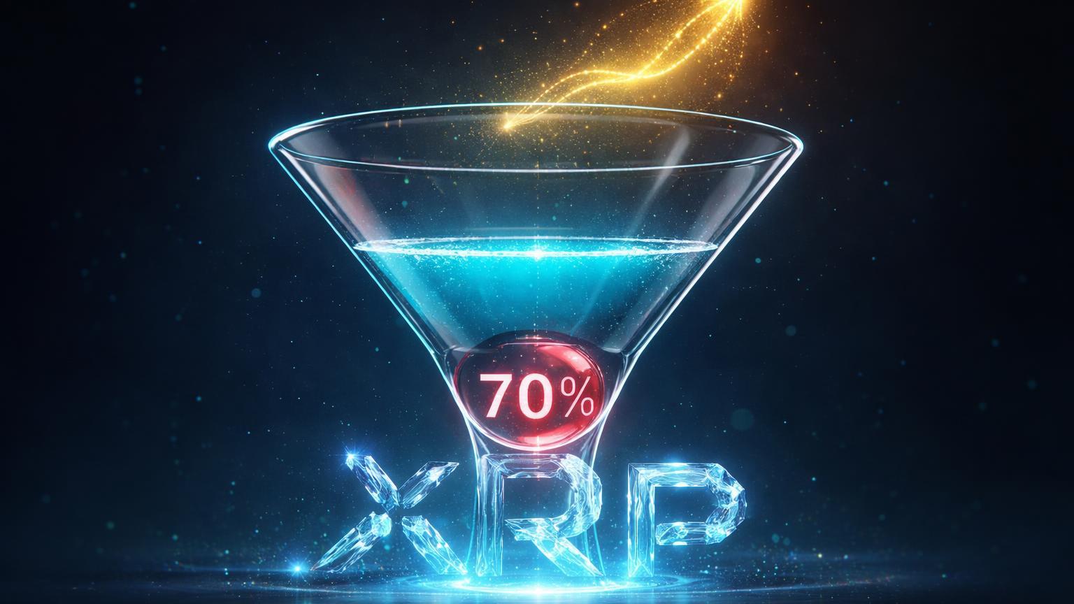 Funil de vidro translúcido com fluido baixo e '70%' cristalino refletindo curva dourada ascendente, ecoando mínima de open interest do XRP antes de alta