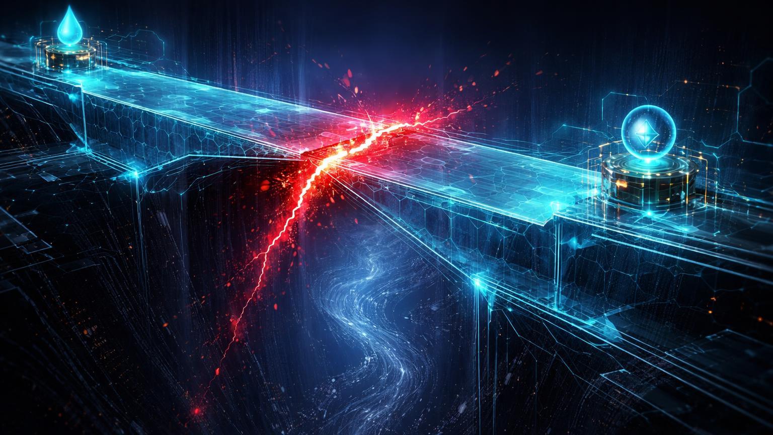 Ponte digital cyan com rachadura vermelha pulsante sobre abismo cibernético, representando vulnerabilidades e crise em protocolos DeFi como Lido e Aave