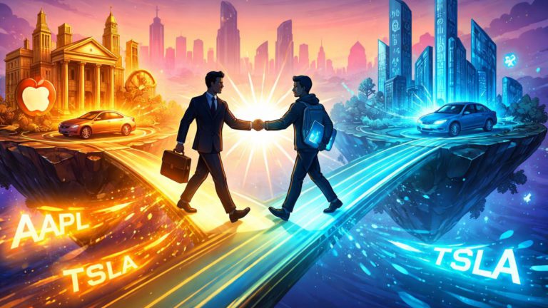 Executivos cartoon apertando mãos sobre ponte luminosa conectando ilhas TradFi e crypto com AAPL e TSLA fluindo, marco RWA na Binance em Abu Dhabi