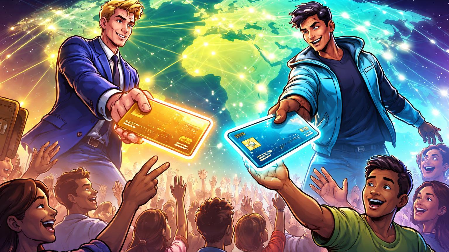 Personagens cartoon de gigantes de pagamentos distribuindo cartões stablecoins para multidão global, simbolizando expansão Visa e Mastercard para 100+ países