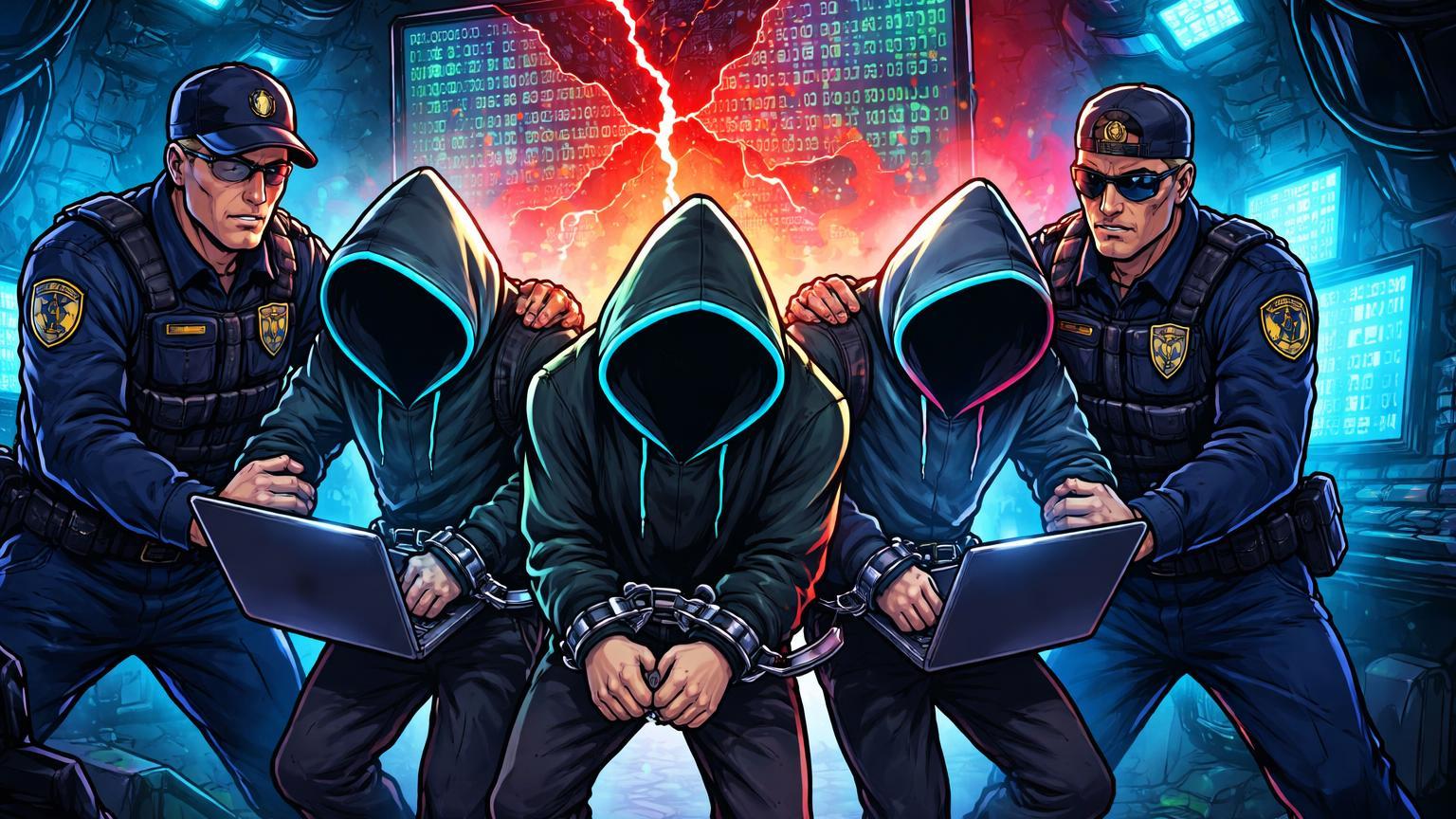 Hackers cartoon algemados por agentes policiais em covil cibernético com tela de exchange rachada, retratando Operação Decrypted II contra cibercrime