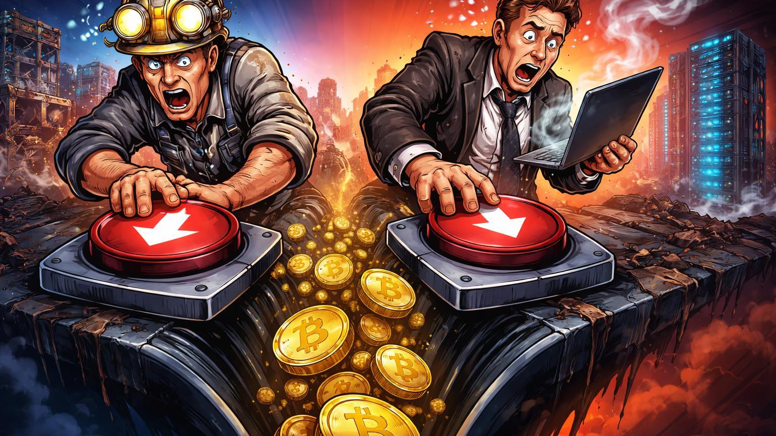 Executivos cartoon de mineração apertando botões de venda de Bitcoin em funil descendente, sinalizando capitulação setorial com rigs ao fundo