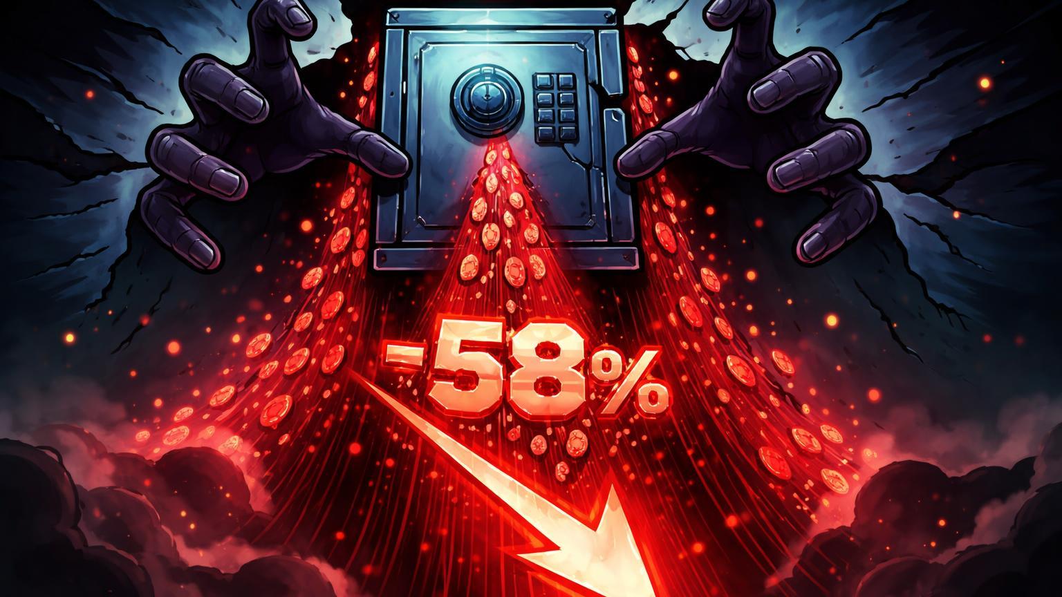 Mãos cartoon sombrias esvaziando cofre digital com cascata vermelha -58%, simbolizando dump de equipe no token POWER