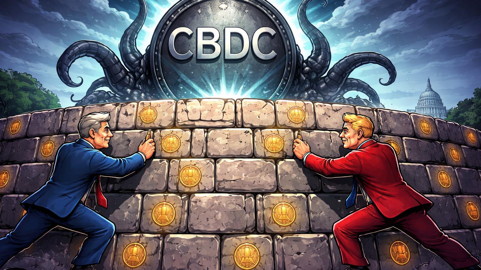 Senadores cartoon bipartidários erguendo muralha contra entidade CBDC sombria, simbolizando proibição pelo Senado EUA até 2030