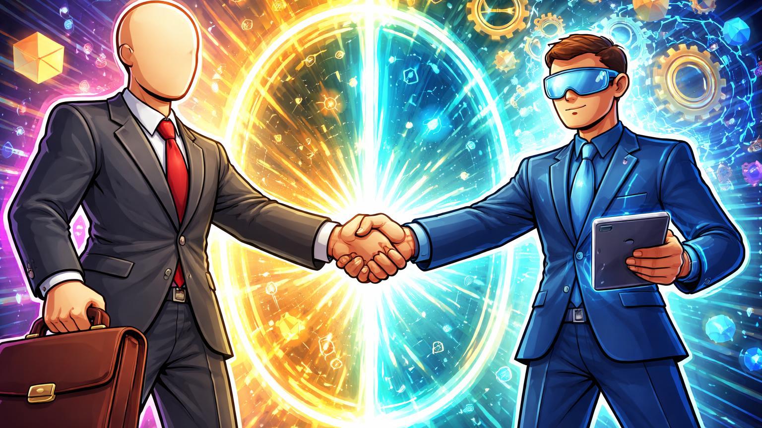 Personagens cartoon de reguladores unindo mãos para abrir portal DeFi cyan-dourado, simbolizando colaboração CFTC-SEC em futuros perpétuos