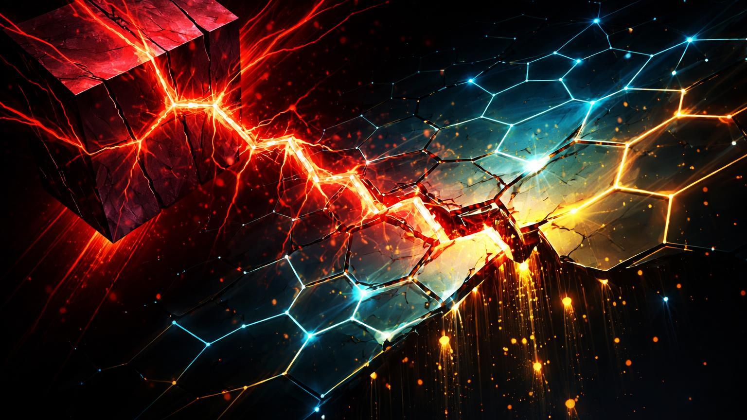 Bloco angular vermelho liberando veias contaminantes sobre rede hexagonal cyan dourada, simbolizando pressão bearish do NASDAQ no mercado cripto