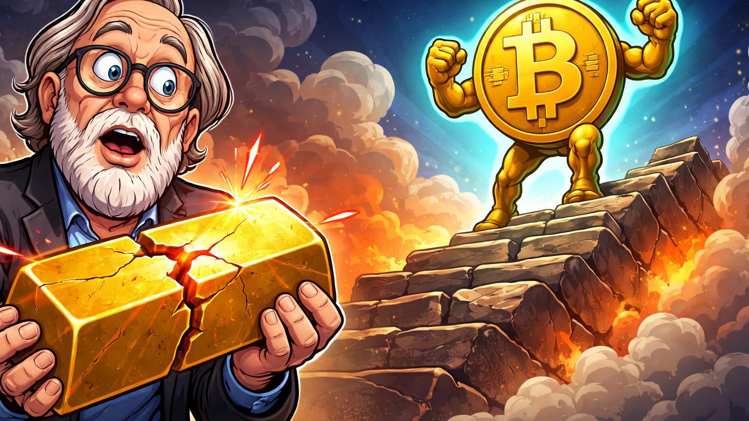 Personagem cartoon de investidor com lingote de ouro rachado contrastando com Bitcoin robusto subindo, simbolizando crise do ouro e resiliência do BTC perante críticas
