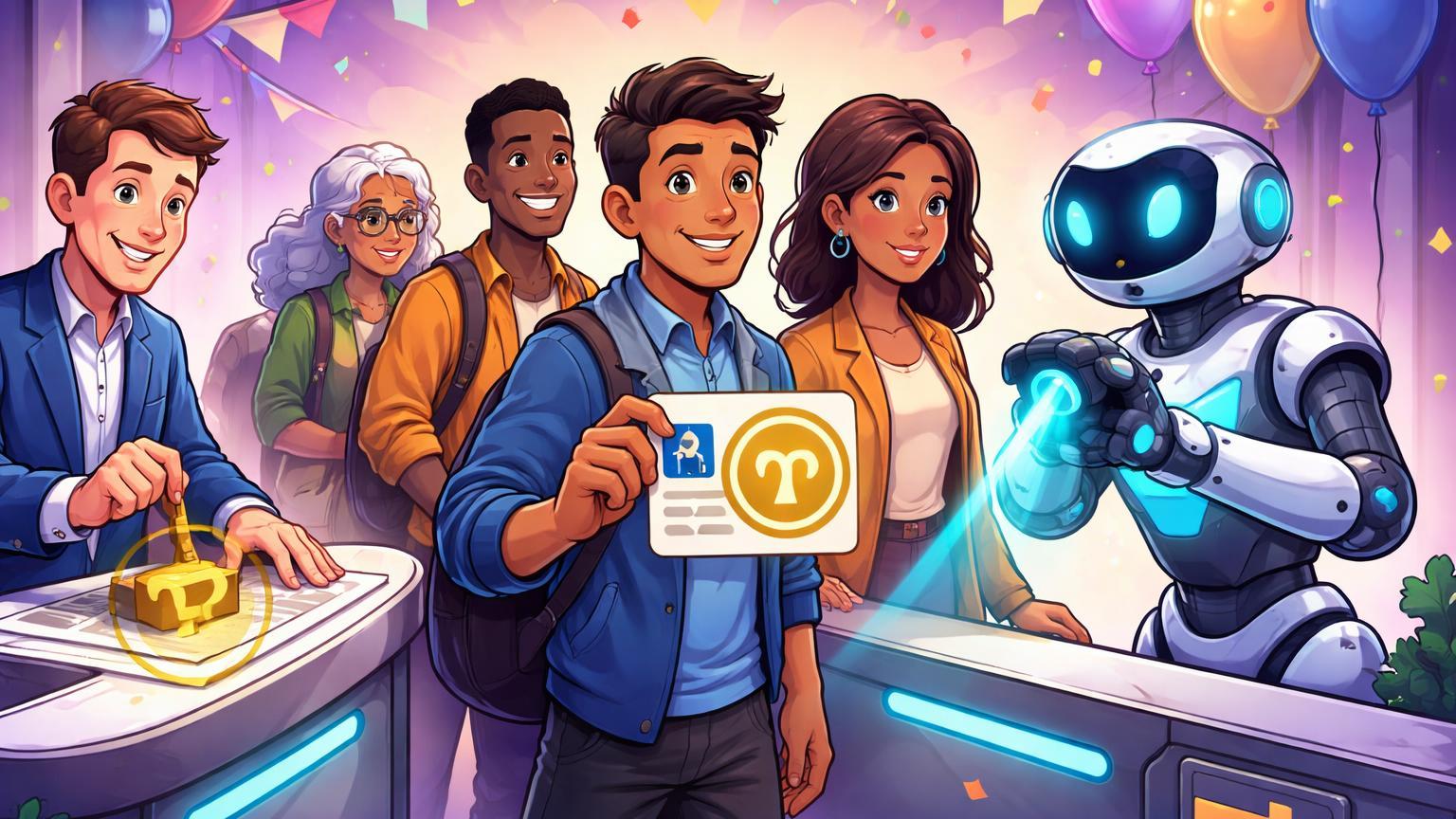 Pioneers cartoon em fila para verificação KYC híbrida com humano e robô IA, selo π dourado simbolizando progresso do Pi Network e PiDay