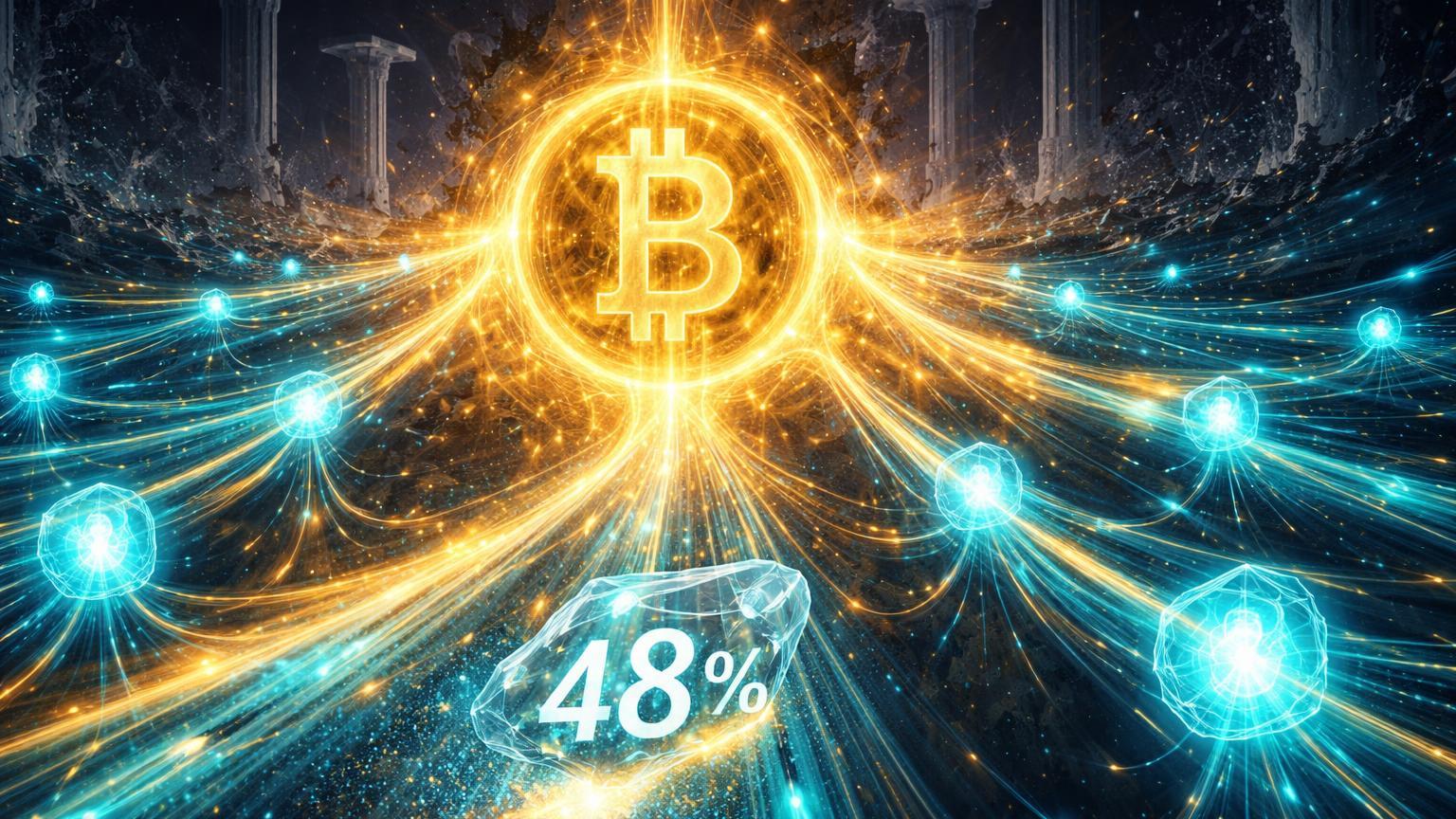 Nós de IA cyan convergindo para núcleo Bitcoin dourado, ignorando estrutura fiat desbotada com '48%' no fluxo, revelando preferência em estudo