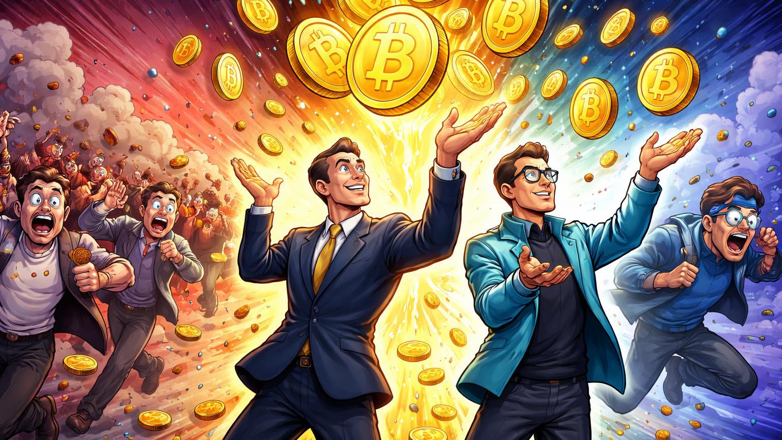 Executivos cartoon calmos coletando moedas BTC caindo enquanto multidão retail em pânico foge, simbolizando smart money acumulando na baixa